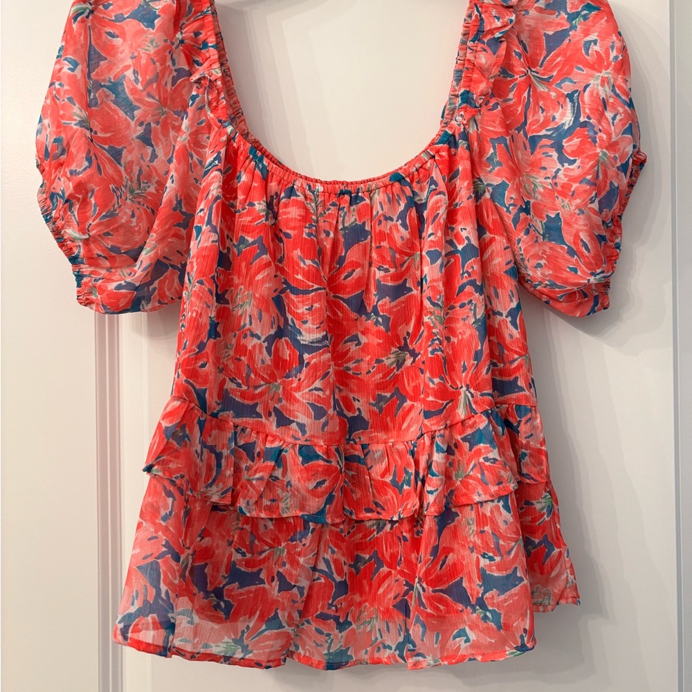 Floral Puff Sleeve Top - Small - Bright Pink and Blue.